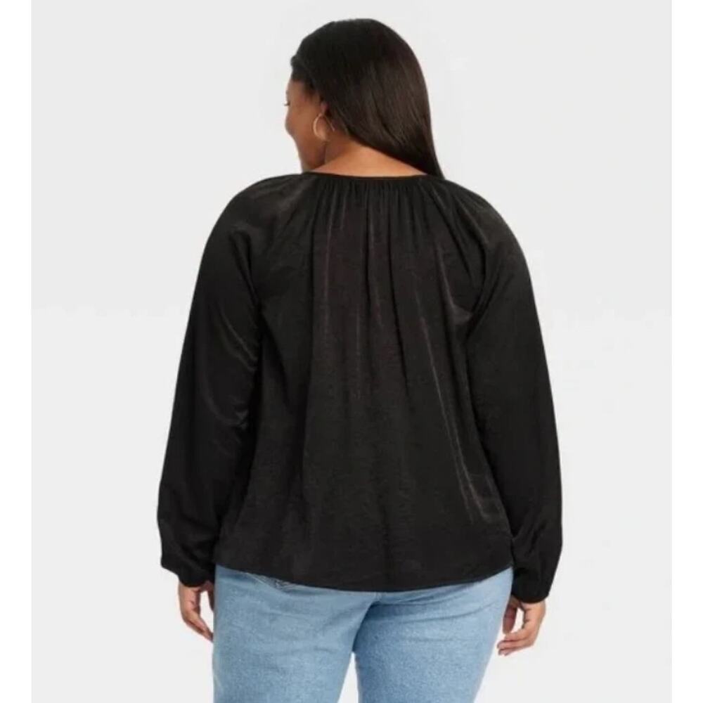 Ava & Viv Shirt Womens Sz 1X Black Balloon Sleeve Tie V-Neck Flow - Picture 3 of 6